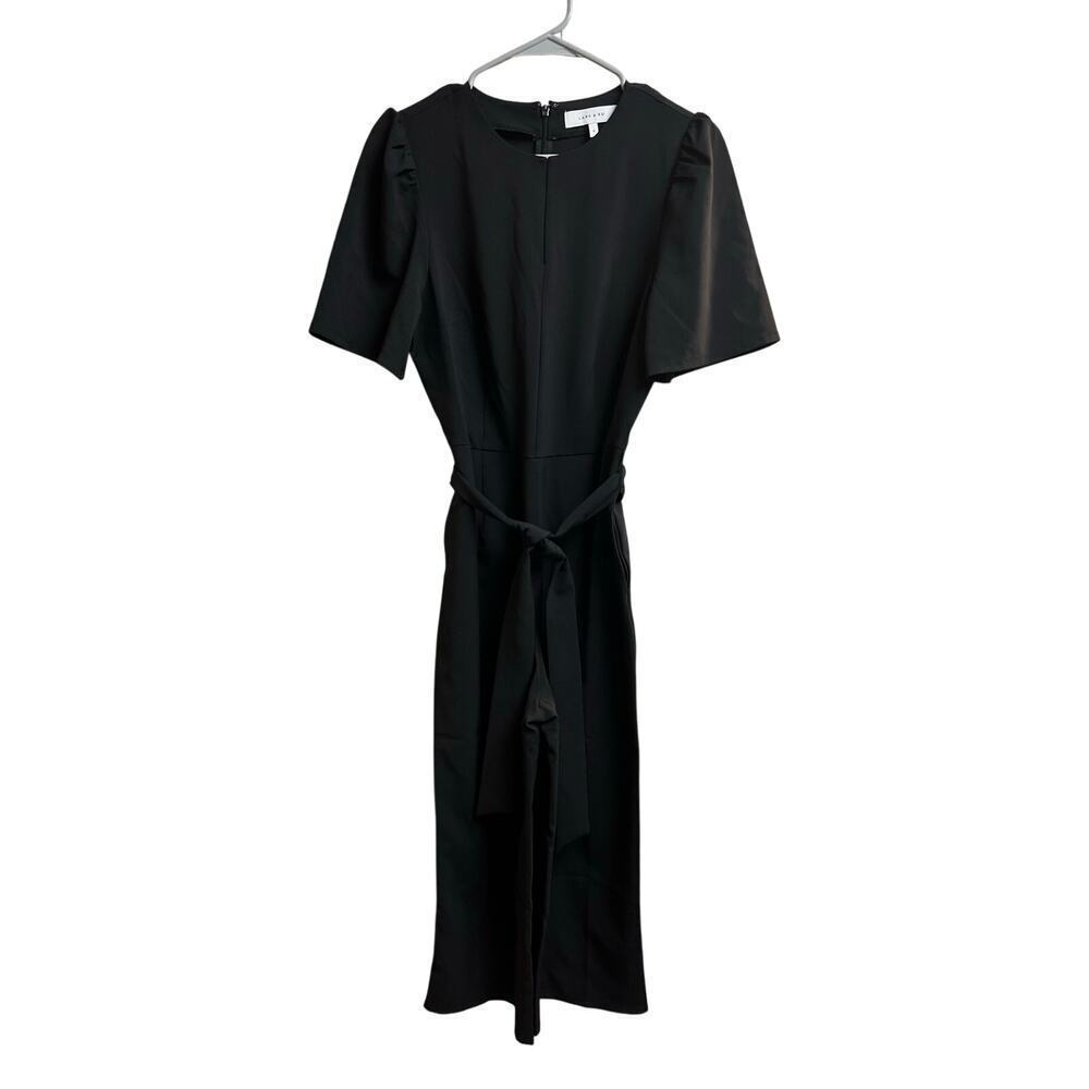 Lark & Ro Women's Puff Sleeve Split Neck Belted Crop Length Jumpsuit Black 6